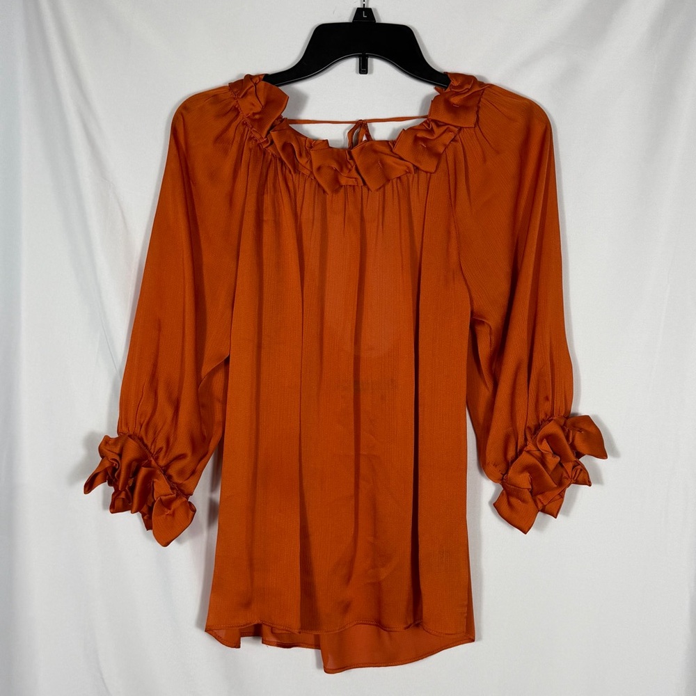 Ark & Co Ruffled Orange Women's 3/4 Sleeve Blouse With Plunging Back. Size Small